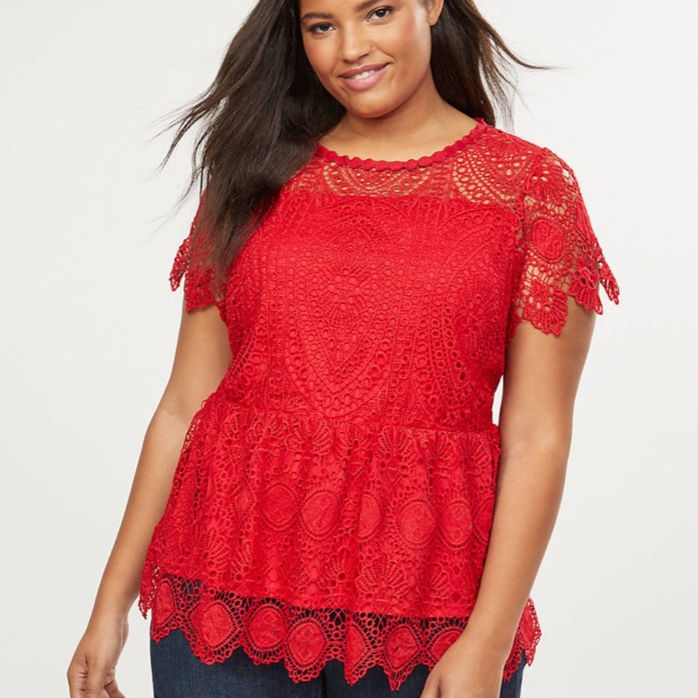 4X 28W Venetian Red Scalloped Lace Peplum Top